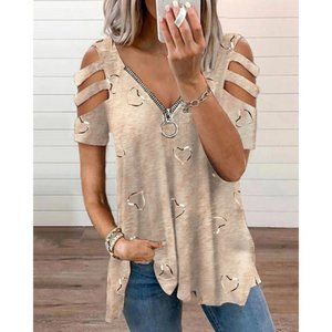 NWOT Casual Top Short Sleeved, Loose Fit, Zippered Neck Khaki